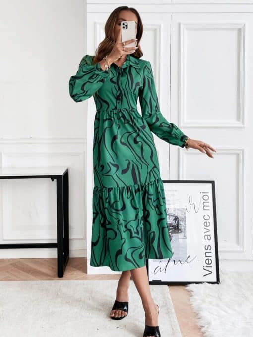 High Waist Floral Print Tunic DressDressesmainimage0Casual-Green-Button-Front-Open-Dress-High-Waist-Print-Tunic-2022-Spring-Autumn-Women-Clothes-Street