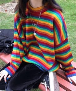 Loose Striped Rainbow Print SweatersTopsmainimage0Female-Korean-Harajuku-Hong-Kong-flavored-Loose-Striped-Sweater-Women-s-Sweaters-Japanese-Kawaii-Ulzzang-Clothing