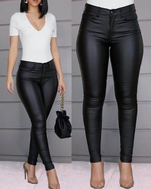 Women’s Leather High Waist Casual LeggingsBottomsmainimage0Female-Leather-Leggings-Pants-Girl-Solid-Small-Feet-Fashion-Pants-Stretch-Trousers-Slim-Fit-Autumn-High