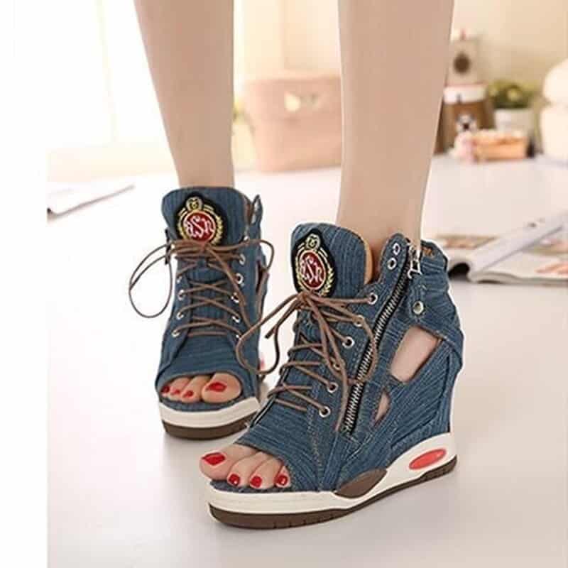 Women’s Summer Denim Lace Up Fish Mouth Wedge Shoes – Miggon