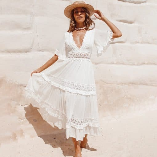Boho Summer White Lace Trim Maxi Dress – Miggon