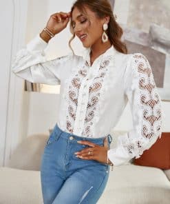 Sexy White Lace BlouseTopsmainimage0Simplee-Elegant-puff-sleeves-white-office-women-shirt-summer-Sexy-buttons-hollow-out-autumn-blouse-Patchwork