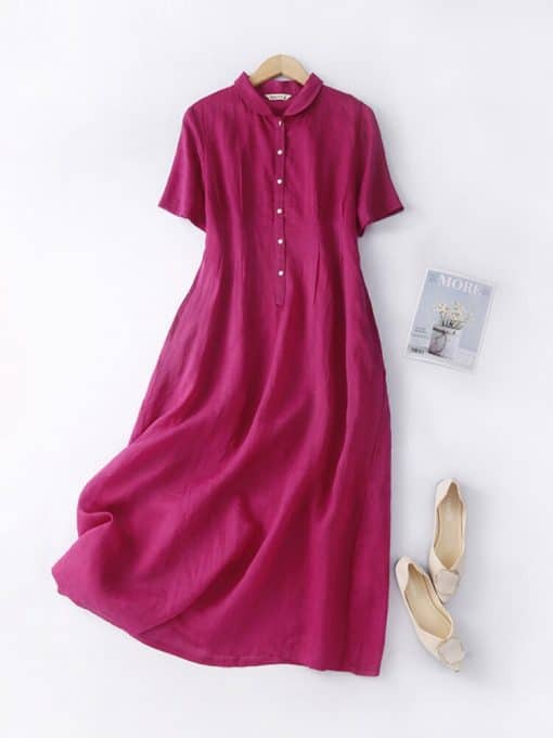 Cotton Linen Mid-length Temperament Button DressDressesmainimage0Summer-New-Women-s-Dress-Cotton-and-Linen-Waist-and-Thin-White-Lapel-Short-sleeved-Mid