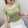 Women’s Lace Tops ShirtsTopsmainimage0Summer-short-sleeve-lace-shirt-Square-collar-women-tshirt-Solid-color-summer-tops-blusas-Women-lace