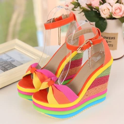 Summer Rainbow Bowknot Wedge SandalsSandalsmainimage0comemore-2021-Summer-New-Wedges-Sandals-For-Women-Platform-Rainbow-Shoes-Bowknot-Clogs-high-heels-Female