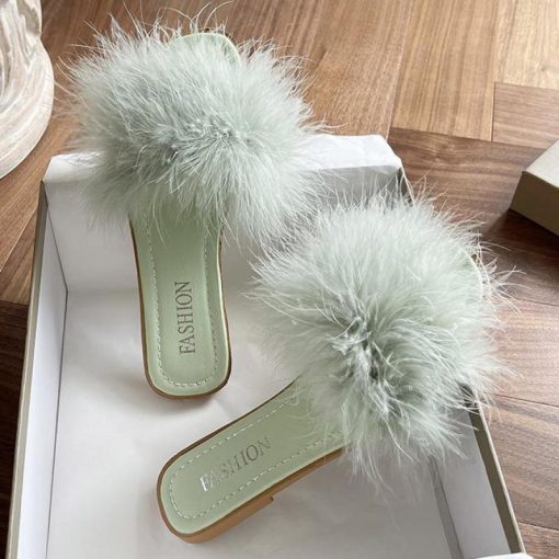 Women’s Fashion Square Toe Fur Flat Slippers – Miggon