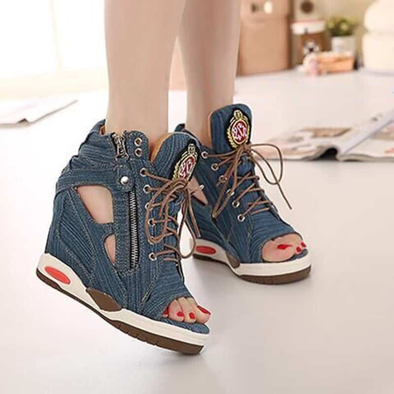 Women’s Summer Denim Lace Up Fish Mouth Wedge Shoes – Miggon