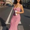 New Fashion Summer Casual Pink Floral Print DressDressesmainimage1Sampic-New-Fashion-2022-Summer-Casual-Beach-Pink-Floral-Print-Dress-Bodycon-Long-Strap-Ruched-Women