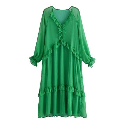 Solid Green Ruffles Chiffon DressDressesmainimage1Solid-Green-Ruffles-Chiffon-Dress-Women-Fashion-Spring-Summer-V-Neck-Long-Sleeve-Oversize-Casual-Ladies