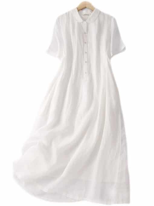 Cotton Linen Mid-length Temperament Button DressDressesmainimage1Summer-New-Women-s-Dress-Cotton-and-Linen-Waist-and-Thin-White-Lapel-Short-sleeved-Mid