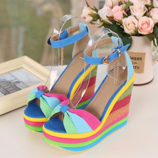 Summer Rainbow Bowknot Wedge SandalsSandalsmainimage1comemore-2021-Summer-New-Wedges-Sandals-For-Women-Platform-Rainbow-Shoes-Bowknot-Clogs-high-heels-Female