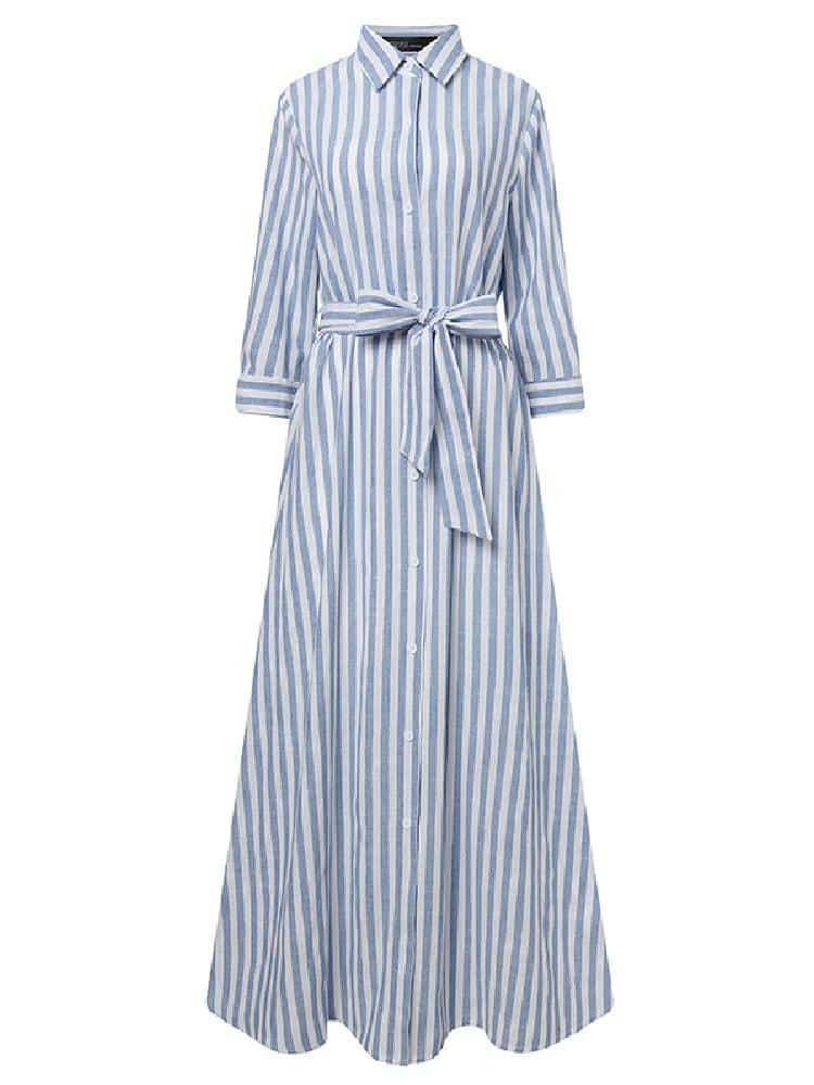 Fashion Women’s Lapel Neck Striped Dress – Miggon