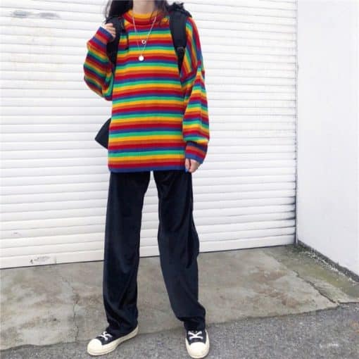Loose Striped Rainbow Print SweatersTopsmainimage2Female-Korean-Harajuku-Hong-Kong-flavored-Loose-Striped-Sweater-Women-s-Sweaters-Japanese-Kawaii-Ulzzang-Clothing
