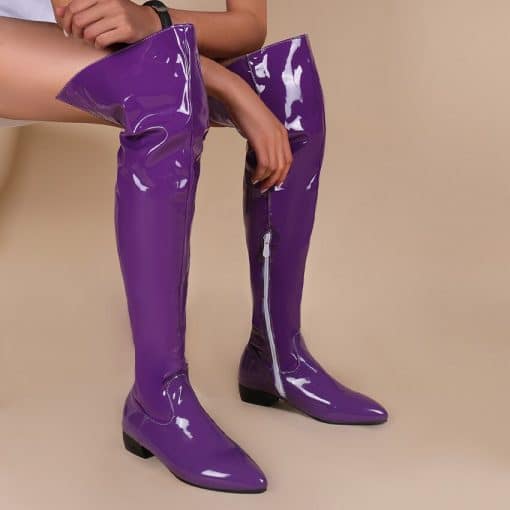 Women’s Candy Color Patent Leather BootsBootsmainimage2Oversized-Candy-Colored-Patent-Leather-Women-s-Over-The-Knee-Boots-Mid-Heel-Pointed-Toe-Plush
