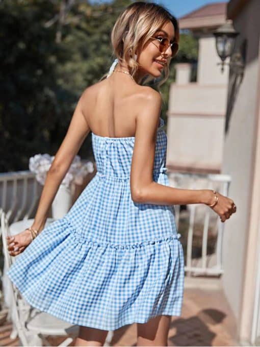 Sexy Strapless Plaid Short Blue DressDressesmainimage2Sexy-Strapless-Short-Dress-Women-Summer-Fashion-Backless-Blue-Ruffle-Beach-Sundresses-Casual-Plaid-Button-A