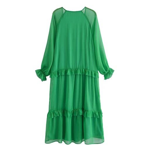 Solid Green Ruffles Chiffon DressDressesmainimage2Solid-Green-Ruffles-Chiffon-Dress-Women-Fashion-Spring-Summer-V-Neck-Long-Sleeve-Oversize-Casual-Ladies