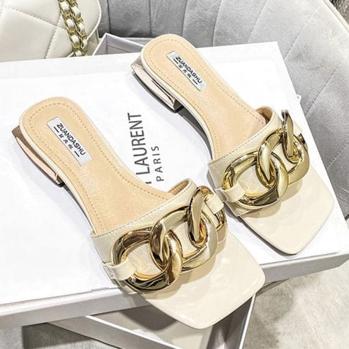 Summer Fashion Chain SlippersSandalsmainimage2Summer-Chain-Thick-Women-Slippers-2022-New-Flats-Square-Toe-Sandals-Casual-Slides-Fad-Ladies-Mules