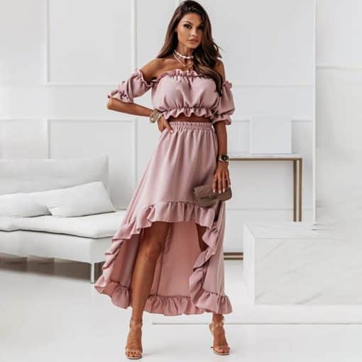 2 Piece Summer Elegant Ruffled Backless DressDressesmainimage2Summer-Elegant-Ruffled-Backless-Dress-Sets-Women-Fashion-Puff-Sleeve-Strapless-Elastic-Two-Pieces-Ladies-Maxi
