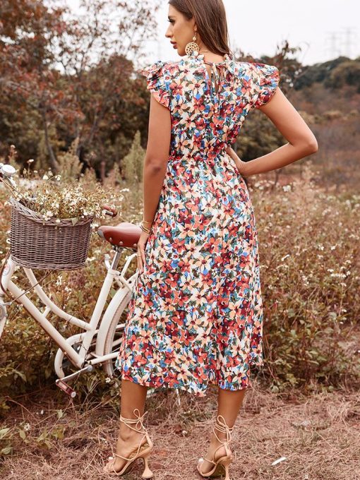 Summer Floral Print Elegant Lace-up Midi Holiday DressDressesmainimage2Summer-Floral-Print-Dress-Woman-Elegant-Lace-up-Midi-Holiday-Dress-Casual-Fashion-Ruffle-Sleeve-A