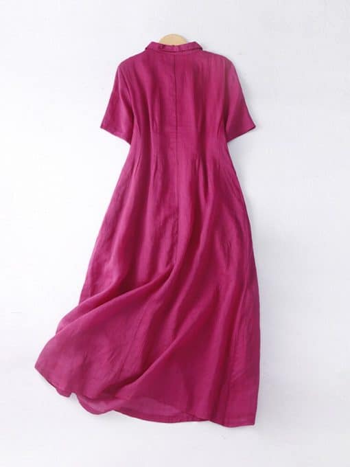 Cotton Linen Mid-length Temperament Button DressDressesmainimage2Summer-New-Women-s-Dress-Cotton-and-Linen-Waist-and-Thin-White-Lapel-Short-sleeved-Mid