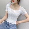 Women’s Lace Tops ShirtsTopsmainimage2Summer-short-sleeve-lace-shirt-Square-collar-women-tshirt-Solid-color-summer-tops-blusas-Women-lace