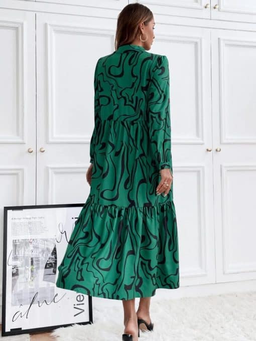 High Waist Floral Print Tunic DressDressesmainimage3Casual-Green-Button-Front-Open-Dress-High-Waist-Print-Tunic-2022-Spring-Autumn-Women-Clothes-Street