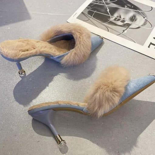 Pointed Toe Elegant High Heel SandalsSandalsmainimage3Fur-Slippers-Mules-Pointed-Toe-Elegant-High-Heels-Shoes-Women-s-Autumn-New-Furry-Slides-Flip