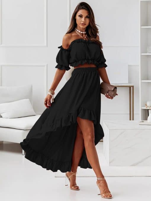 2 Piece Summer Elegant Ruffled Backless DressDressesmainimage3Summer-Elegant-Ruffled-Backless-Dress-Sets-Women-Fashion-Puff-Sleeve-Strapless-Elastic-Two-Pieces-Ladies-Maxi