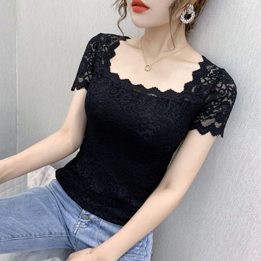 Women’s Lace Tops ShirtsTopsmainimage3Summer-short-sleeve-lace-shirt-Square-collar-women-tshirt-Solid-color-summer-tops-blusas-Women-lace