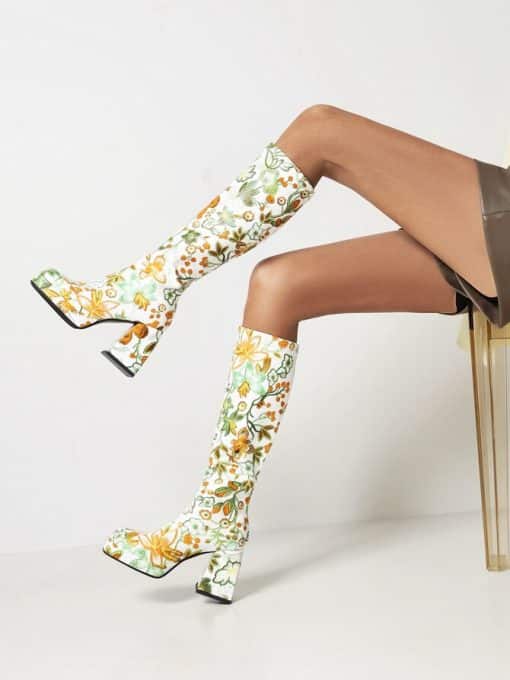 Colorful Floral Ultra-High Knee-Length Waterproof BootsBootsmainimage4Colorful-Floral-Ultra-High-Thick-Heel-Women-s-Knee-Length-Boot-Square-Toe-Waterproof-Platform-Tapered