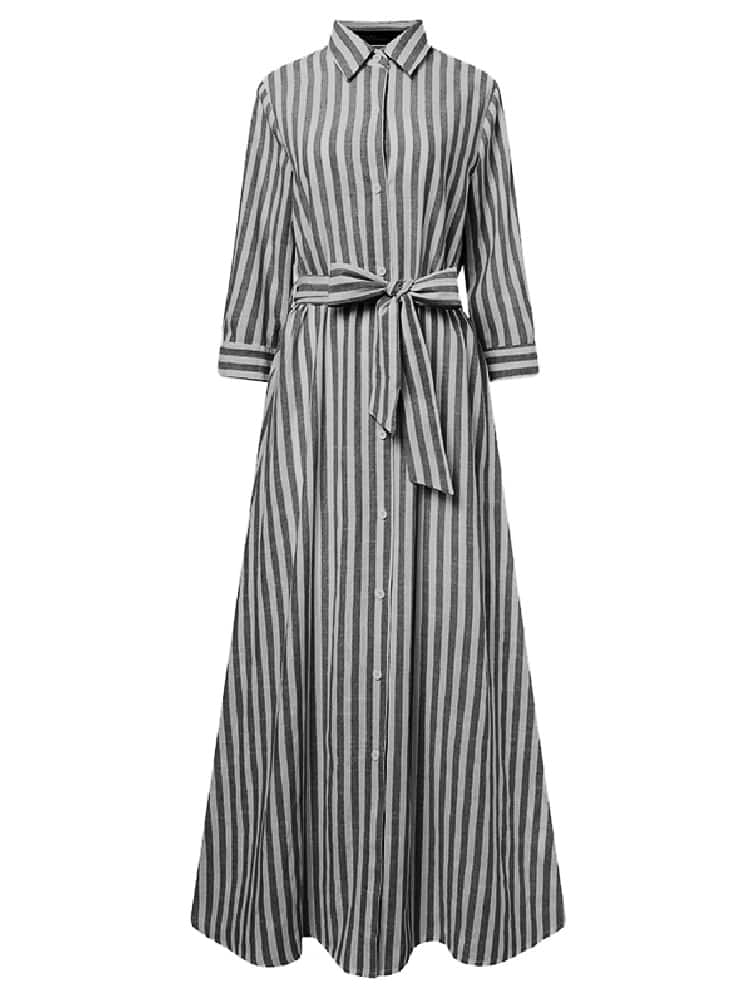 Fashion Women’s Lapel Neck Striped Dress – Miggon