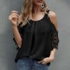 Off Shoulder Hollow Lace Sleeves BlousesTopsmainimage4O-Neck-Ladies-Tops-Off-Shoulder-Hollow-Lace-Sleeves-Blouse-Summer-Loose-Pure-Color-Sexy-Women