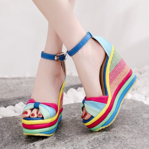 Summer Rainbow Bowknot Wedge SandalsSandalsmainimage5comemore-2021-Summer-New-Wedges-Sandals-For-Women-Platform-Rainbow-Shoes-Bowknot-Clogs-high-heels-Female