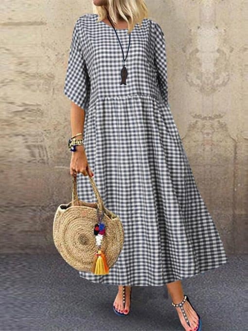 Vintage Plaid Check Casual Short Sleeve Long Maxi Dress – Miggon