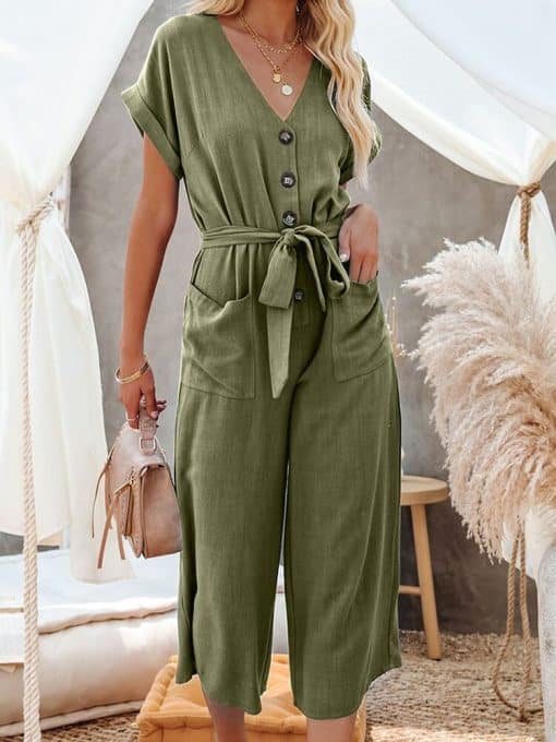 Women’s Summer Casual Fashion V Neck Rompers JumpsuitsSwimwearsvariantimage0Loose-Jumpsuit-for-Women-Summer-Casual-Beach-Style-Fashion-V-Neck-Rompers-Short-Sleece-Belted-Mid