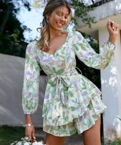 Holiday Sash Long Sleeve Ruffle Print RompersSwimwearsvariantimage0Simplee-Holiday-sash-long-sleeve-ruffle-print-romper-summer-women-Lace-up-floral-short-overall-A