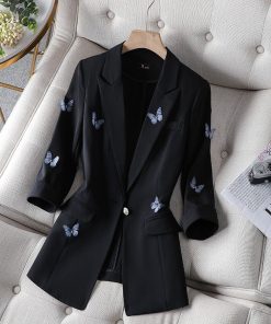 Women’s Slim Fitting Butterfly Print BlazersTopsvariantimage0Slim-Fitting-Butterfly-Print-Black-Small-Suit-Coat-Women-s-Spring-and-Summer-Seven-Sleeve-Suit