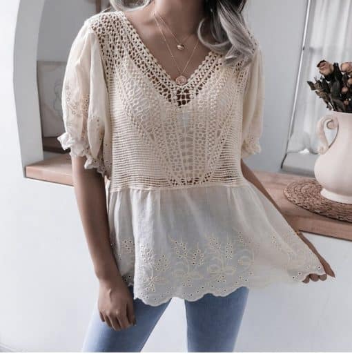 Women’s Leisure Embroidered Lace BlousesTopsvariantimage12021-New-Women-s-Summer-Leisure-Embroidered-Ruffle-Short-Sleeve-V-Neck-Crochet-Hollow-Lace-Tops