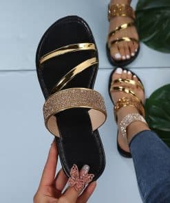 Summer New Women’s Fashion SlippersSandalsvariantimage12022-Summer-New-Women-s-Fashion-Gold-Silver-Patent-Leather-Flat-Heel-Sandals-Bling-Rhinestone-Narrow