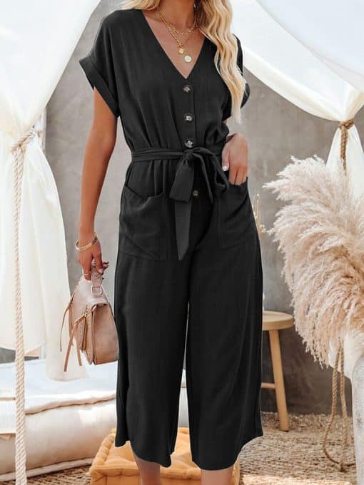 Women’s Summer Casual Fashion V Neck Rompers JumpsuitsSwimwearsvariantimage1Loose-Jumpsuit-for-Women-Summer-Casual-Beach-Style-Fashion-V-Neck-Rompers-Short-Sleece-Belted-Mid