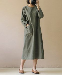 Casual Wear Loose Cotton Linen Women’s Midi DressDressesvariantimage1S-5XL-Loose-Cotton-Linen-Women-Midi-Dress-Casual-Long-Sleeve-Split-Female-Spring-Autumn-Robe