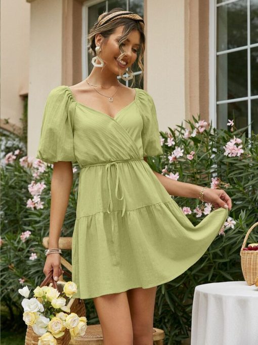 Elegant Puff Short Sleeve Lace Up Summer DressDressesvariantimage1Simplee-Green-elegant-puff-short-sleeve-lace-up-summer-dress-women-Office-vneck-ruffle-mujer-vestido