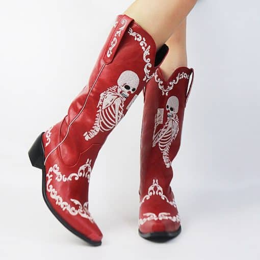 Women’s Skull Skeleton Cowboy Western Mid Calf BootsBootsvariantimage1Women-Skull-Skeleton-Selfie-Cowboy-Western-Mid-Calf-Boots-Pointed-Toe-Slip-On-Stacked-Heel-Goth