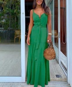 Women’s Summer Elegant Maxi Long Dress With BeltDressesvariantimage1Women-Summer-Green-Elegant-Maxi-Dress-Fashion-Spaghetti-Strap-Sexy-V-Neck-Belt-Party-Long-Dresses