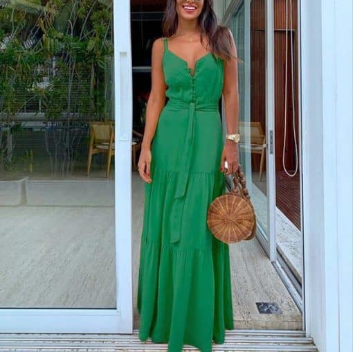 Women’s Summer Elegant Maxi Long Dress With BeltDressesvariantimage1Women-Summer-Green-Elegant-Maxi-Dress-Fashion-Spaghetti-Strap-Sexy-V-Neck-Belt-Party-Long-Dresses