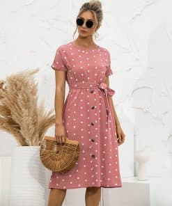 Women’s Summer Polka Dot Midi DressDressesvariantimage1Women-Summer-Polka-Dot-Midi-Dress-Female-Short-Sleeve-O-neck-Button-Pink-Long-Dresses-2022