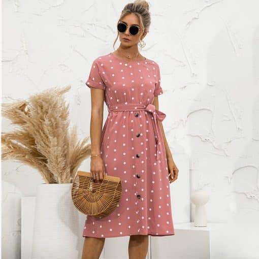 Women’s Summer Polka Dot Midi DressDressesvariantimage1Women-Summer-Polka-Dot-Midi-Dress-Female-Short-Sleeve-O-neck-Button-Pink-Long-Dresses-2022