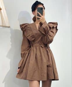 Women’s Korean Style Ruffle Shirt DressDressesvariantimage2EWQ-2022-Autumn-New-Sweet-Long-Sleeve-V-Neck-Flare-Sleeve-Women-Dresses-Korea-Style