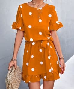 Elegant Dot Print Short DressDressesvariantimage2Elegant-Dot-Print-Short-Dress-Women-Casual-Short-Sleeve-O-neck-Blet-Yellow-Mini-Dress-2022