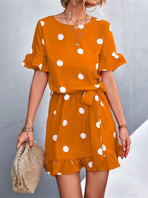 Elegant Dot Print Short DressDressesvariantimage2Elegant-Dot-Print-Short-Dress-Women-Casual-Short-Sleeve-O-neck-Blet-Yellow-Mini-Dress-2022